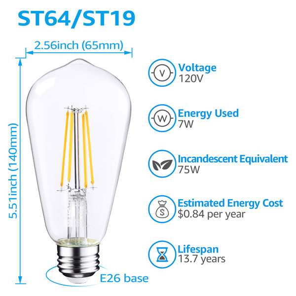 ST19 Dimmable LED 7W(75W Eqv.) Filament Light Bulb, E26 Base, 800LM, UL  Listed, 2700K